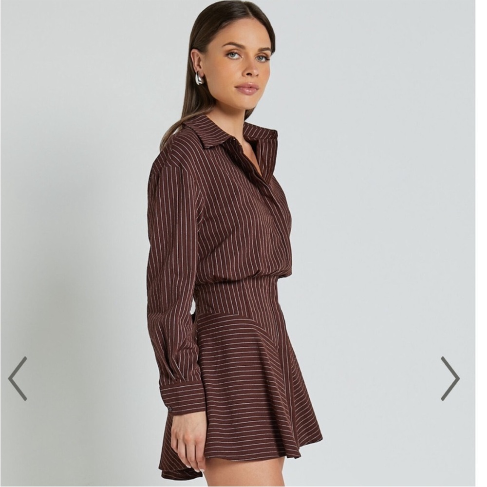 WHITNEY MINI DRESS - LINEN LOOK LONG SLEEVE SHIRT DRESS IN CHOCOLATE PINSTRIPE 2 - Picture 7 of 16